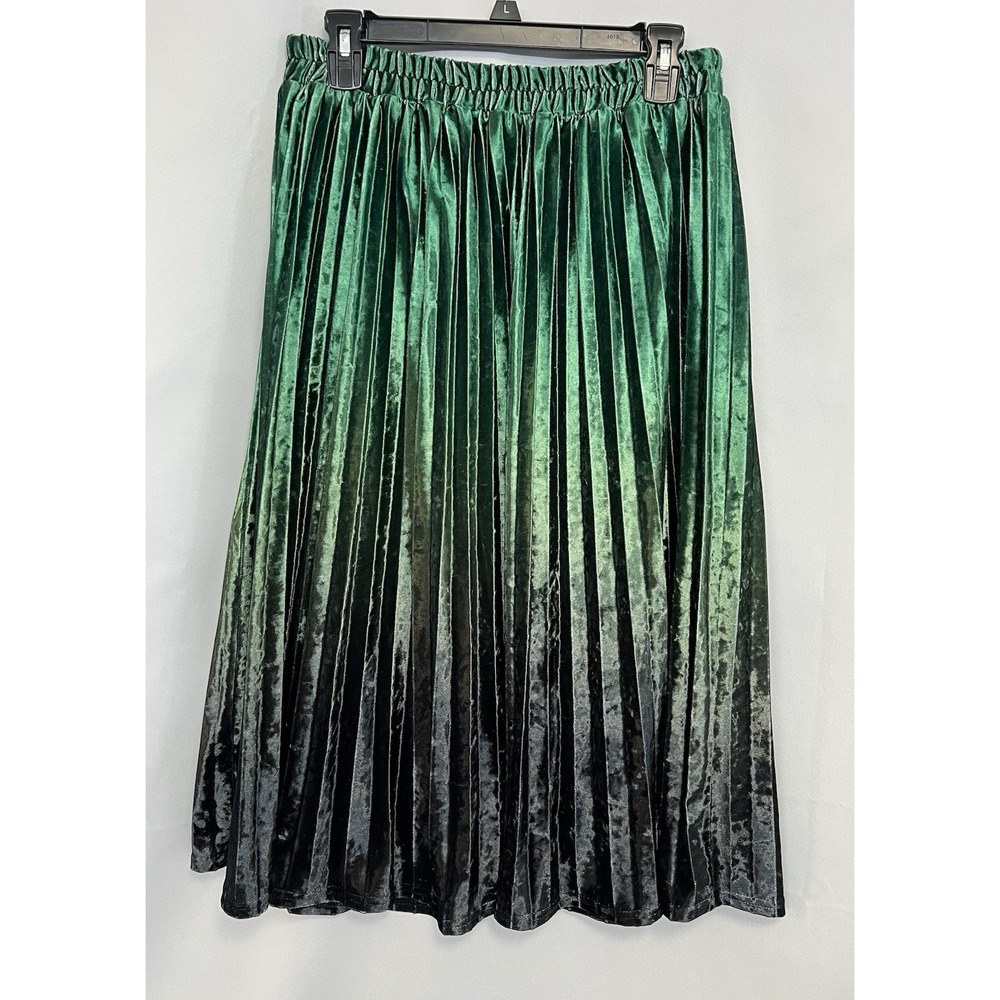 Modcloth Green  Floral Velvet Pleated Midi Skirt Line Style Sz Large